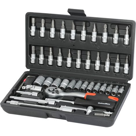 ValueMax Set di 46 Chiavi a Bussola Cr-V, Chiavi a Cricchetto da 1/4", Cassetta degli Attrezzi, Chiavi a Cricchetto con Punte per Cacciavite, per Riparazioni Domestiche, Automobili, Lavoro Meccanico (1/5)