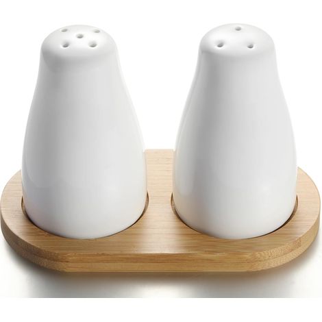 Ensemble de salière et poivrière en céramique JeiibrZui - Blanc moderne avec plateau en bambou - 2 pièces pour la décoration de la cuisine - Idéal pour dresser une table lors d'un dîner ou d'un barbec (1/5)