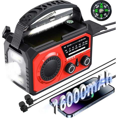 Ricevitore radio di emergenza da 16000 mAh  Radio solare con manovella, ricarica USB, torcia a 3 modalità, allarme SOS e bussola integrata