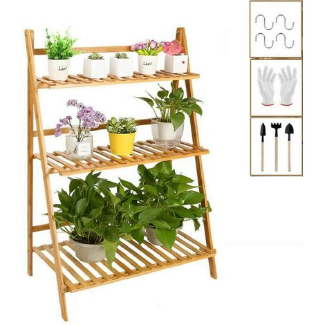 Unho – Porte plantes en bambou pliable 3 étagères – Dimensions 70 x 38 x 97 cm – Charge max 42kg – Pour intérieur et extérieur
