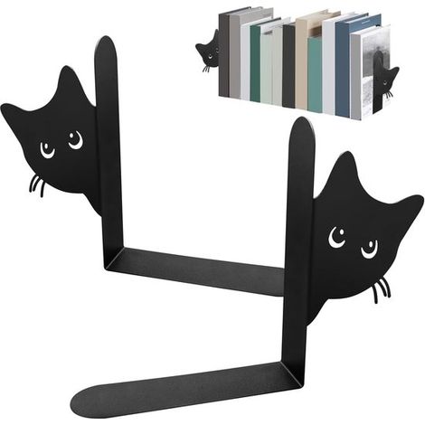 Metall-Buchstützen, 2er-Set dekorative Katzen-Buchstützen, stabile Regal-Buchstützen für Büro, Bibliothek, schwarz (1/4)