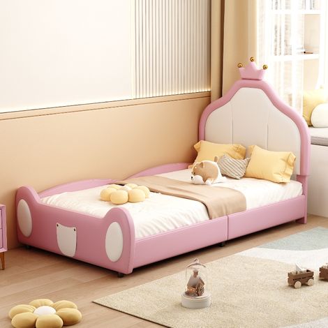 Polsterbett Kinderbett mit Kronen-Kopfteil 90x200 cm, Prinzessinnenbett aus Kunstleder, stabiles Mädchenbett bis 200kg, Rosa/Weiß (1/5)