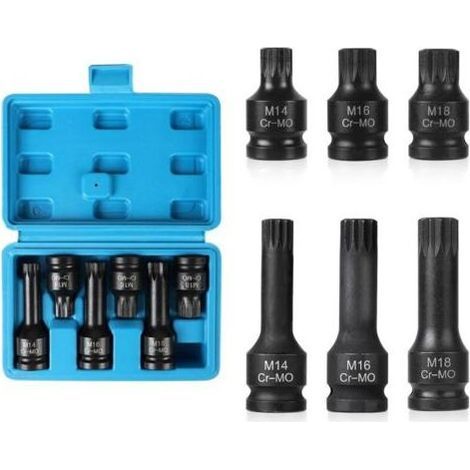 Jeu de 6 Douille XZN 1/2", M14, M16, M18 Coffret Douille Long et Court à Impact avec Boîte, Embouts à 12 Pans en CR-MO