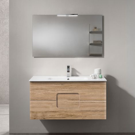 Mobile bagno sospeso con specchio e lampada LED Arco 100 cm Rovere Nodi (1/5)