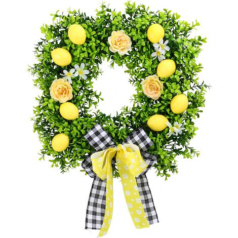 Décoration Murale Artificielle Couronne Vigne Citron avec Nœud Papillon pour Porte Fenêtre Intérieur Extérieur Été (1/5)
