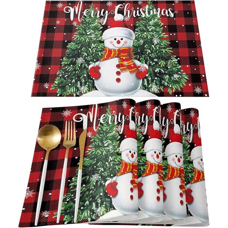 Set De Posavasos Navideños - Muñeco De Nieve Y Árbol De Navidad - Algodón Y Lino - Para Mesa De Comedor - 4 Unidades (1/5)