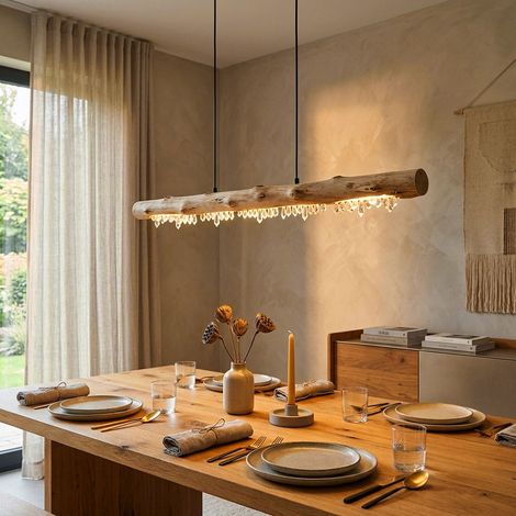 Decken Hängeleuchte aus Holz mit Kristalldekor Holzbalken Pendelleuchte Landhaus Stil Hängelampe, 1x LED 15 Watt 980 Lumen warmweiß, LxBxH 100x8x150cm, Wohnzimmer Esszimmer (1/5)