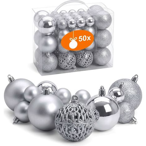 Kunststoff Christbaumkugel Set 50-teilig bruchsicher - silber - Design Weihnachtskugeln inklusive Metall Haken