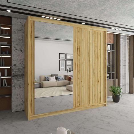 Sliding Wardrobes 4U Modern Sliding Mirror Wardrobe in Multiple Sizes & Colours - Oak 150cm with Oak Strip