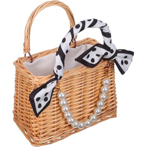 Rattan Handbag Lightweight Floral Basket with Faux Pearl