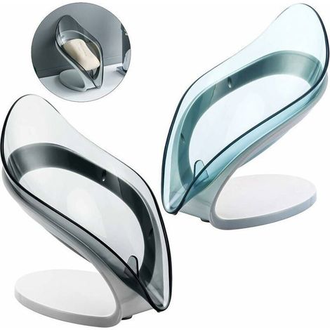 Due portasapone in silicone a forma di foglia con foro di drenaggio triangolare, di colore grigio-blu. (1/4)
