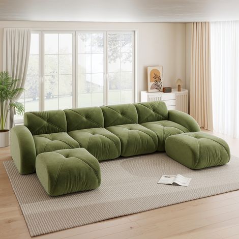 Canapé d'angle modulable en U 4 places, Canapé panoramique effet nuage avec 2 poufs, assise profonde pour salon - chenille - vert