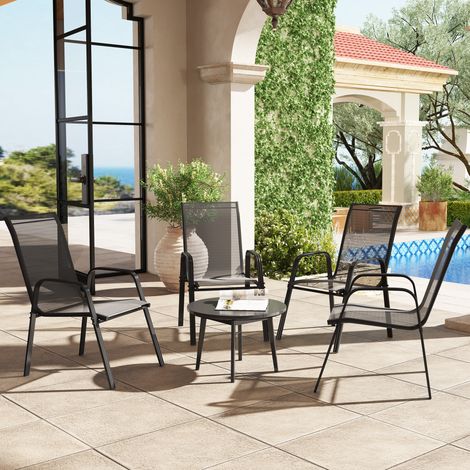 Ensemble 4 chaises empilables jardin économe espace accoudoirs métal treillis noires