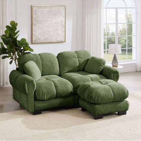 Canapé 2 places d'angle modulaire 178x40x54 cm vert en chenille avec coussins épais et repose-pied mobile (1/5)