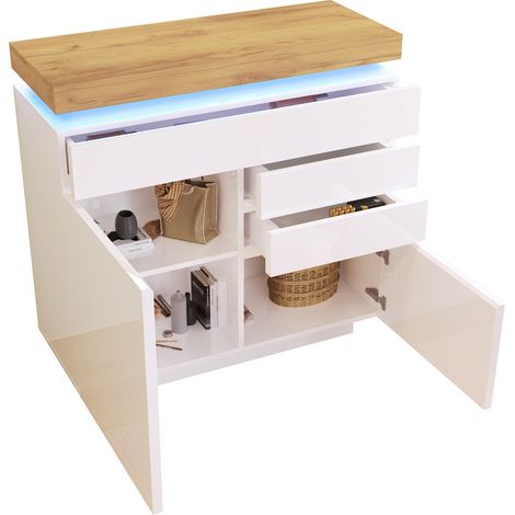 Cómoda alto brillo con 2 puertas y 3 cajones, LED con control por app, blanca, 115 x 110 x 39 cm (1/5)