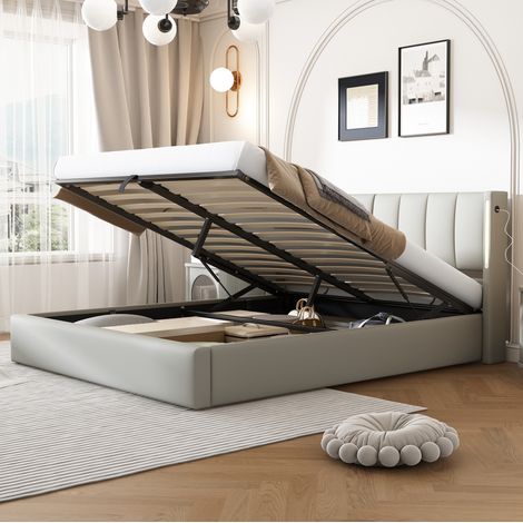 Bett modern 160x200 cm in Grau aus PU mit verstellbarem Kopfteil, LED, USB/Type-C, Stauraum und Lattenrost (1/5)