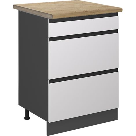 Mobiletto base per cucina R-Line, Bianco, 60 cm con cassetti, PL Rovere, Vicco