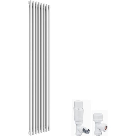 ELEGANT 1800 x 372 mm Traditional Radiator Cast Iron Style Radiator White Double Vertical Column Radiators and White Thermostatic Radiator Valves (1/5)