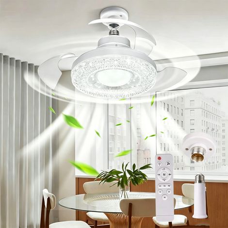 Fuleadture Ventilateur de plafond avec éclairage cristal, ventilateur de plafond LED, télécommande et douille E27, lumière tricolore, ventilateur de plafond, convient aux cuisines, chambres et couloir