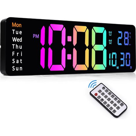 Horloge Murale numérique de 33 cm, Horloge Murale Digitale avec télécommande/Compte à rebours/Gradation à 10 Niveaux/2 alarmes/Date/température, Horloge Digitale pour la Maison - Coloré