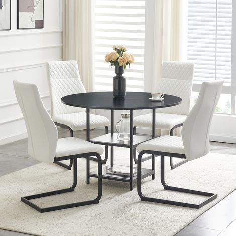 Ensemble table ronde de salle à manger 107 cm avec double rangement + 4 chaises blanches motif losange en MDF et métal, style industriel, pour intérieur européen (1/5)