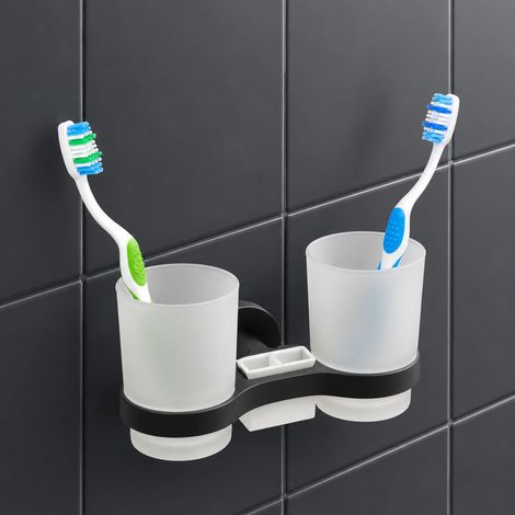 Porte-Brosse à Dents Autocollant Mural avec Double Verre – Pas Besoin de perçage – Design Moderne – élégant Porte-brosses à Dents et Dentifrice - Coller pour Salle de Bain, Douche - Support Noir (1/5)