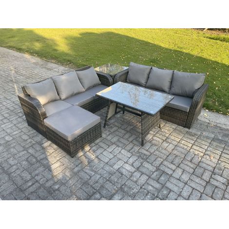 Fimous Gartenmöbel Sofa Set Rechteckiger Esstisch 2 Großer Hockern Beistelltisch 7-Sitzer Rattansofa-Set Dunkelgrau Gemischt