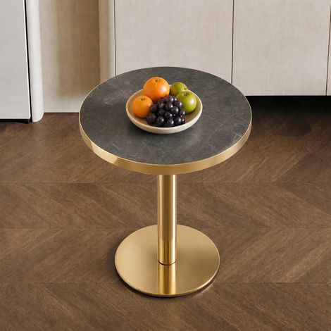 Runder Beistelltisch Ø 60 cm aus MDF in Marmoroptik, Edelstahlgestell, Grau und Gold (1/5)