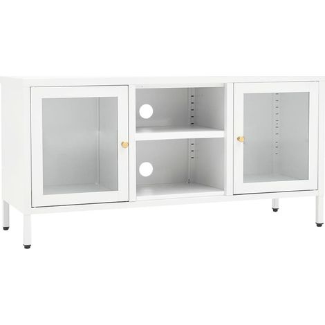 Meuble TV Blanc 105x35x52 Acier et verre (1/5)