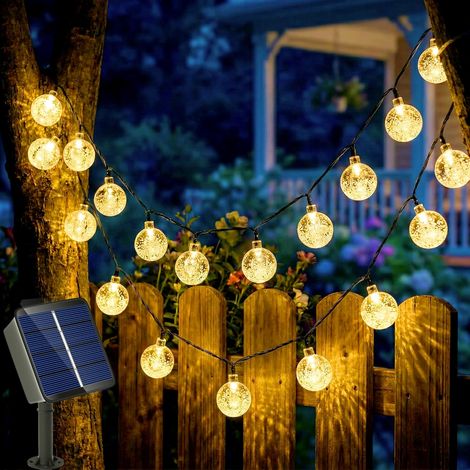 Guirlande Lumineuse Extérieure Solaire, 6.5M 30LED Boule de Cristal Solaire, Imperméable, 8 Modes 8H Timer, pour Jardin, Patio, Mariages, Fêtes - Blanc Chaud