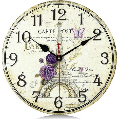 30cm Horloge Murale Tour Eiffel Vintage Bois, Silencieuse Pendule Murale Floral Retro, Shabby Chic Rond Déco sans Tic-tac pour Salon Chambre Cuisine Bureau (1/5)