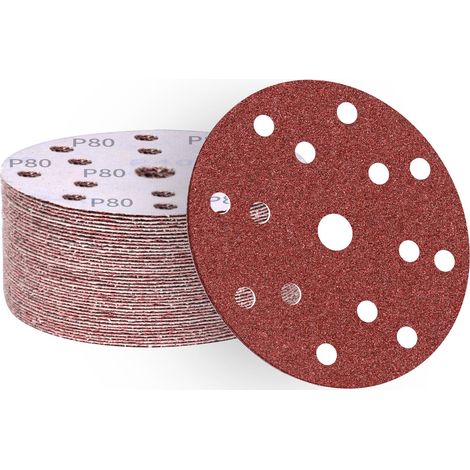Disques abrasifs 150 mm 50 pièces grain 80,papier abrasif en alumine calcinée 15 trous,revêtement abrasif antiadhésif pour ponceuse orbitale (1/5)