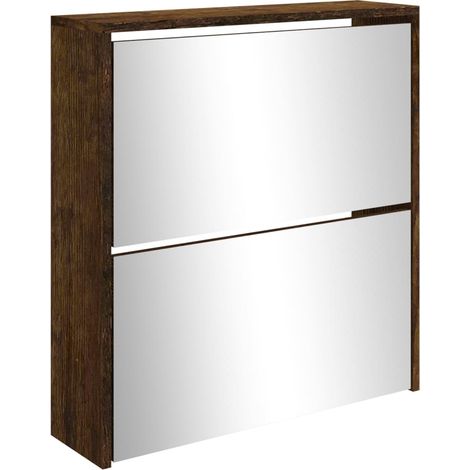 Armoire à chaussures range chaussures rangement meuble entrée couloir salon miroir à 2 niveau x 63 x 17 x 67 cm brun (1/5)