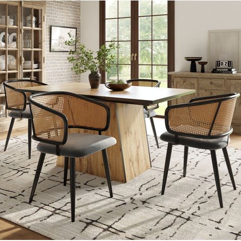 Silla comedor tapizada con respaldo de ratán gris OKMYHOME (1/5)