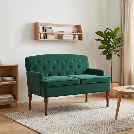 Canapé 2 places capitonné en velours vert foncé, coussin amovible, 111 x 65 x 79 cm - PANGIVO (1/5)