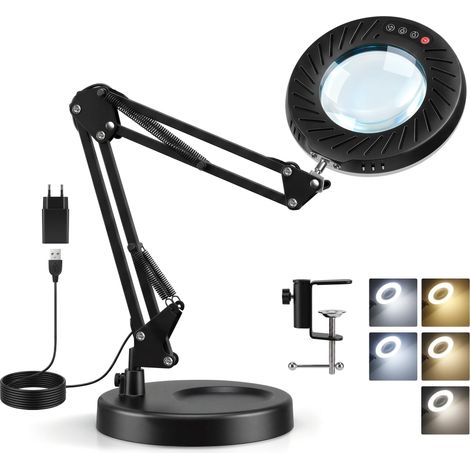 12X Lampe Loupe avec Lumière et Support, 2A Adaptateur inclus, 5 Couleur 9 Luminosité, Loupe Lampe Pince à 144 Led avec Bras Articulé pour Soudure Petit Bricolage Hobby Précision, Noire (1/5)