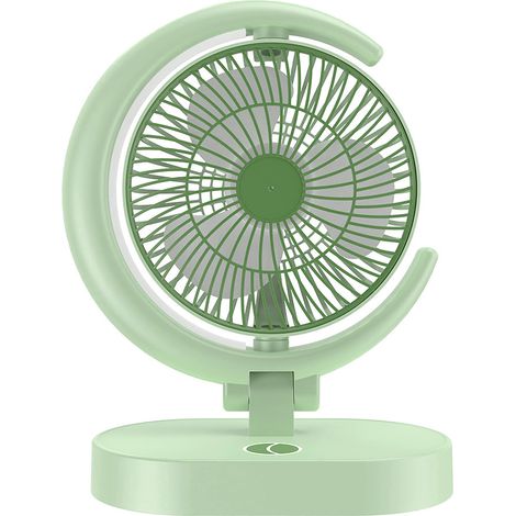 Ventilateur de bureau USB rechargeable, silencieux, petit et portable, avec lumière intégrée pour la maison, les voyages et le bureau (vert). (1/3)