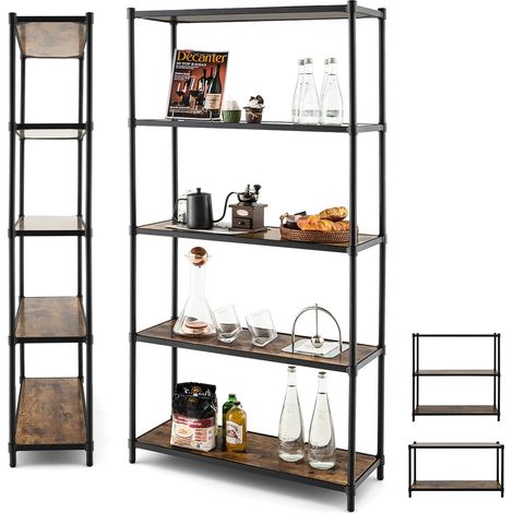 COSTWAY Bibliothèque Étagère Échelle à 5 Niveaux avec Cadre Métallique, Meuble de Rangement avec Dispositifs Anti-basculement pour pour Salon Bureau Chambre Entrée, 80x29x154cm (Noir, 5 Niveaux) (1/5)