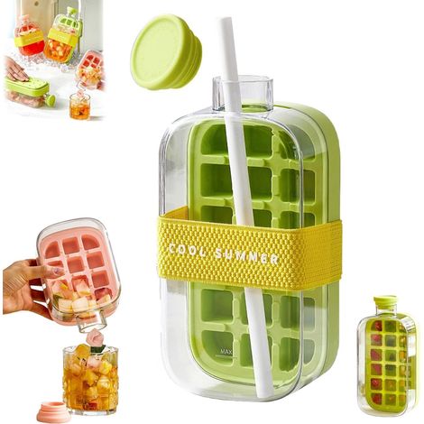 1 Bouteille À Glaçons 2 En 1, Silicone, Démoulage Tactile, Avec Paille, Pour Congélateur Et Boissons