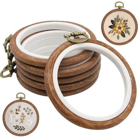 Juego de 6 aros de bordar de 7,6 cm (3 pulgadas) - Aros de goma con aspecto de madera para punto de cruz, decoración de paredes y manualidades para aficionados a la costura. (1/5)