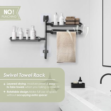 Porte-serviettes pivotant sans perçage, fixation murale, barre porte-serviettes à 3 bras, porte-serviettes auto-adhésif en ABS avec crochet pour salle de bain, douche, cuisine, noir (1/4)