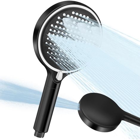 Pommeau de Douche Universel Haute Pression XXL Grand Débit 8 Modes, Éco Eau Anti-Calcaire Anti-Fuite, Douchette 3 Filtres, Tuyau 1,5m Inox Montage Simple pour Salle de Bain, Noir (1/5)
