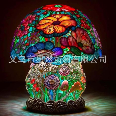 Tischlampe aus Buntglas mit Pflanzenmotiv (versandkostenfrei) – Sasquatch-Pilz-Tischlampe