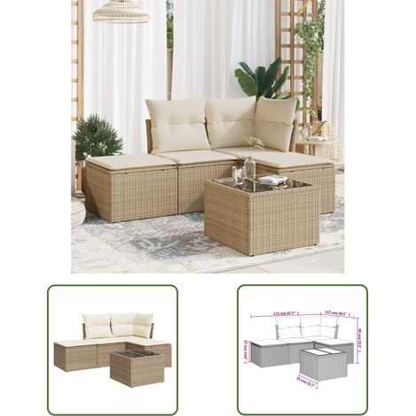 The Living Store 5-tlg. Garten-Sofagarnitur mit Kissen Beige Poly Rattan - Gartenmöbel Set - PE-Rattan Möbel - Outdoor Sofa - Esstisch - Lounge Garnitur (1/3)