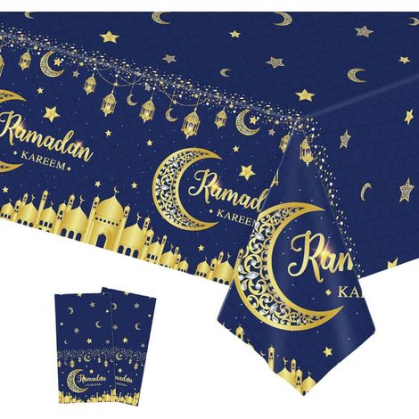 Lot de 2 sets de table Ramadan 137x274cm Bleu Or Lune Étoiles Lavable