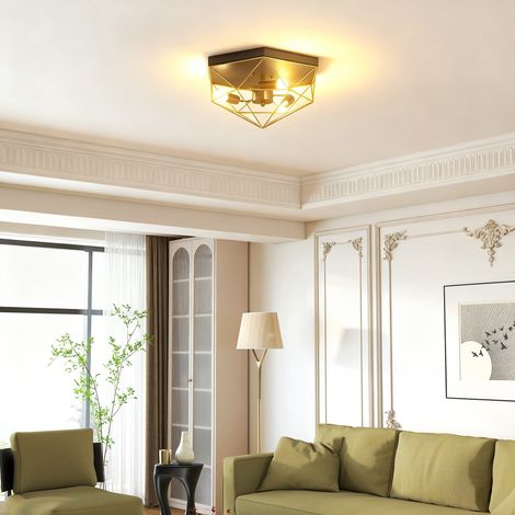 Lámpara de techo de estilo industrial, lámpara de techo geométrica con 3 casquillos E27 para sala de estar, salón, dormitorio y oficina, bombillas no incluidas, color negro y dorado.