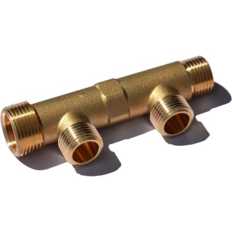 Arcanaute – Collecteur sanitaire matricé 3/4" mâle et 1/2" femelle – 2 sorties 1/2" – Entraxe 50mm – Laiton CW617N (1/5)