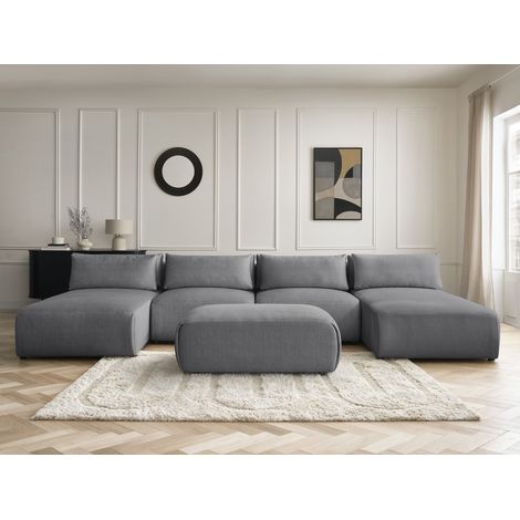 BOBOCHIC - Canapé panoramique fixe modulable avec têtières JANA tissu velours avec 2 méridiennes, 2 chauffeuses et 1 petit pouf Gris foncé (1/5)