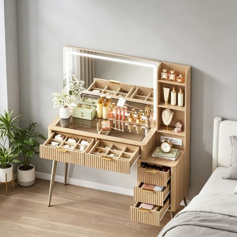 Tavolo da trucco con specchio grande, piano in vetro temperato e illuminazione LED (1/5)