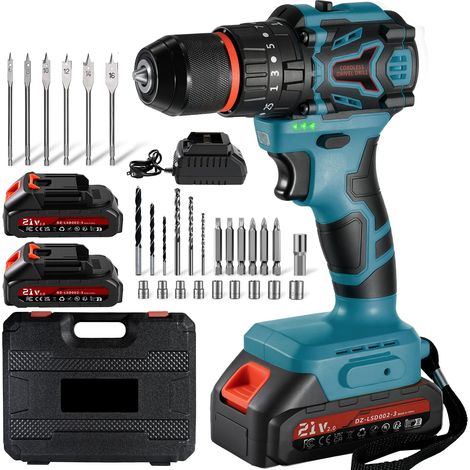 Perceuse-visseuse sans fil 21 V avec 2 batteries 2,0 Ah, 70 Nm, 25 + 3 niveaux de couple, 2 vitesses, tournevis sans fil 2 vitesses, lumière LED, mandrin de 10 mm, pour réparation et bricolage (bleu) (1/5)